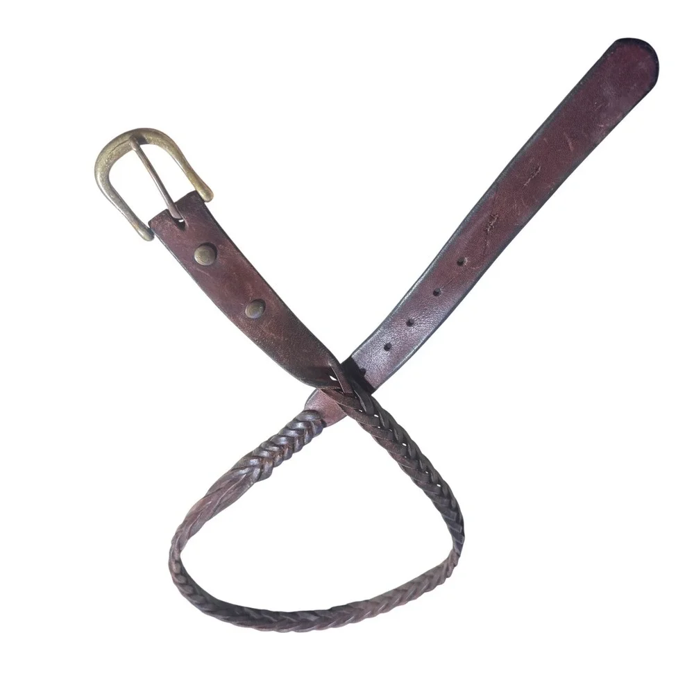Vintage Dark Brown Braided Leather Belt Brass Buckle Boho Western Rustic LG